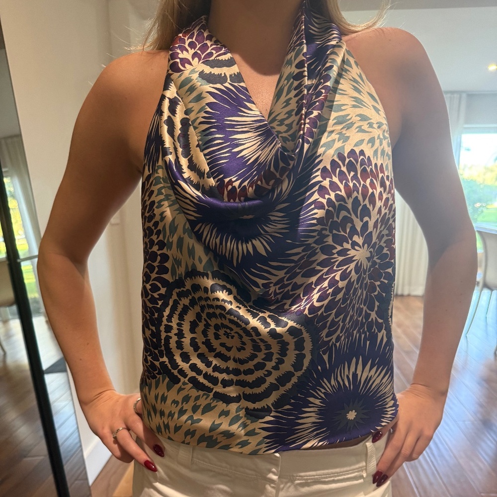 Julian Chang Silk Peacock Print Halter Top
